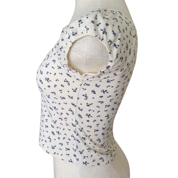 Brandy Melville Ivory Floral Puff Sleeve Crop Top Blouse One Size - Picture 4 of 7